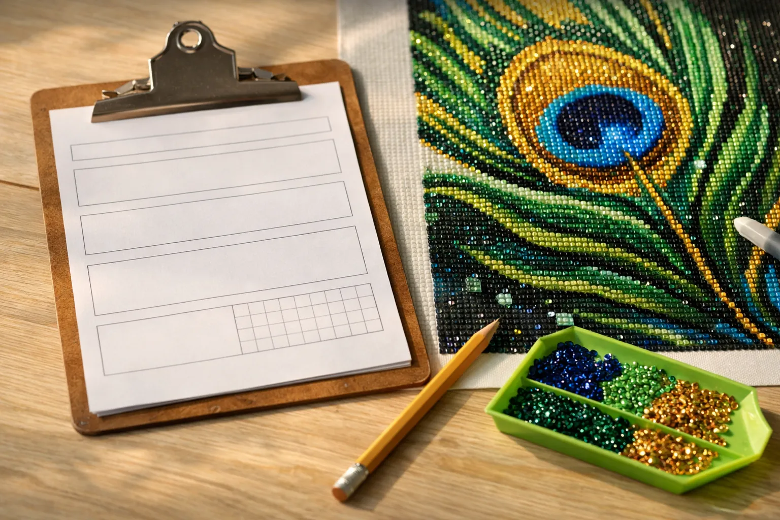 A printed project log sheet on a clipboard beside a diamond painting in progress and a tray of drills