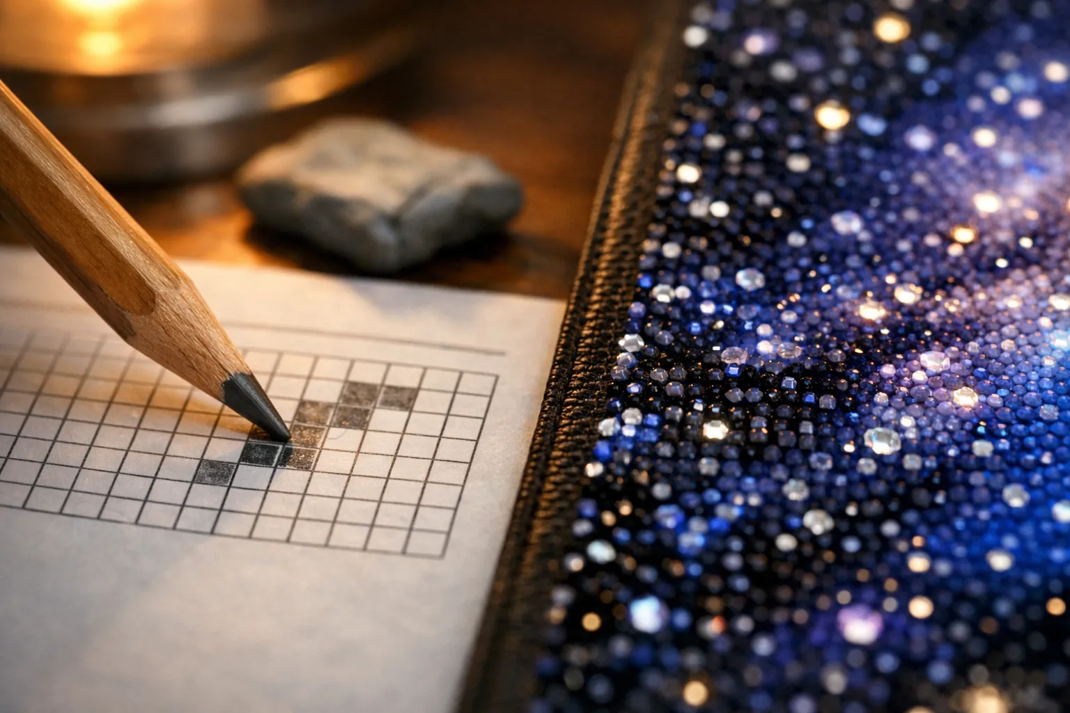 A pencil shading boxes on a progress grid next to a diamond painting