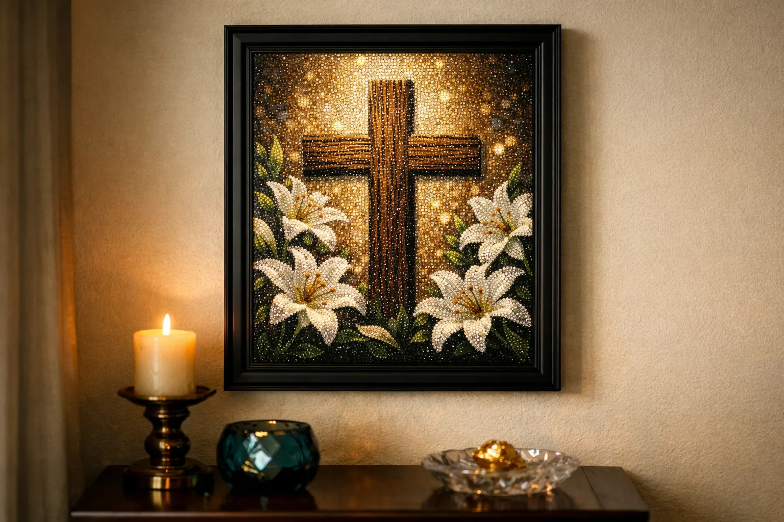 A framed sparkling cross with lilies hanging above a candle