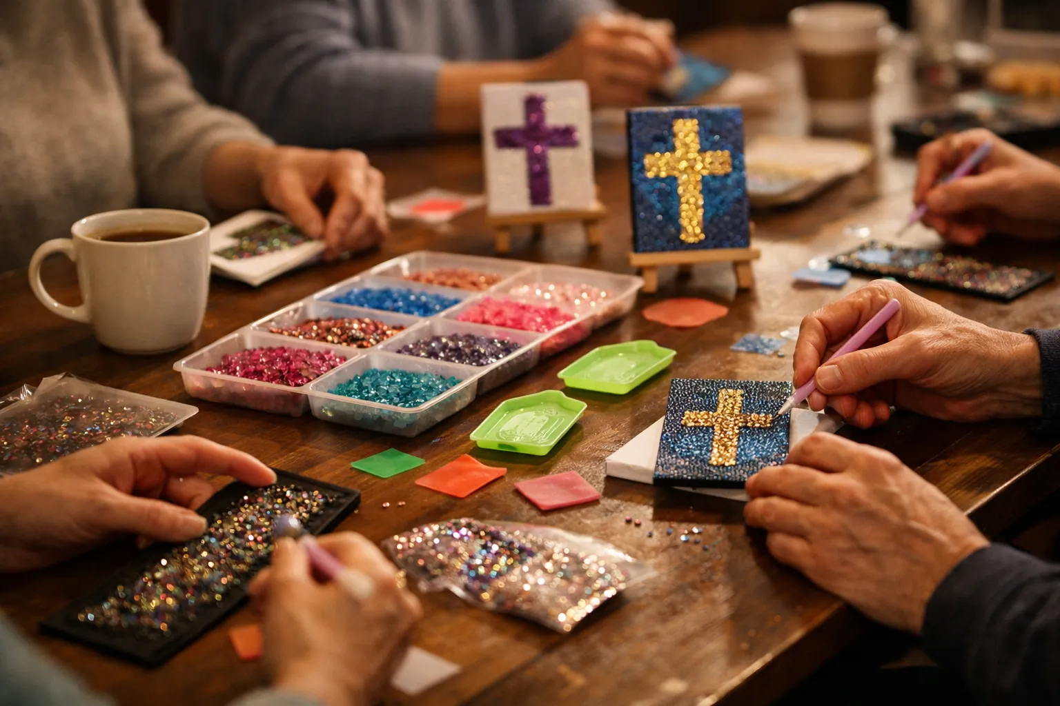 Hands at a fellowship-hall table working on small rhinestone bookmarks