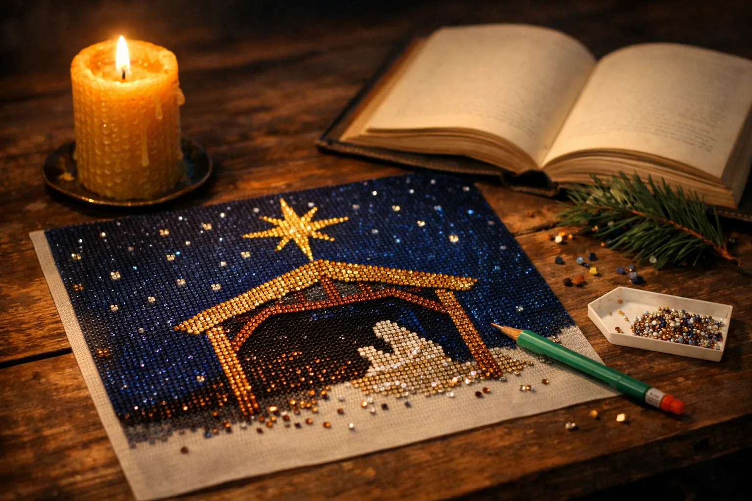 A sparkling diamond painting of a stable under a bright star beside a lit candle and an open book