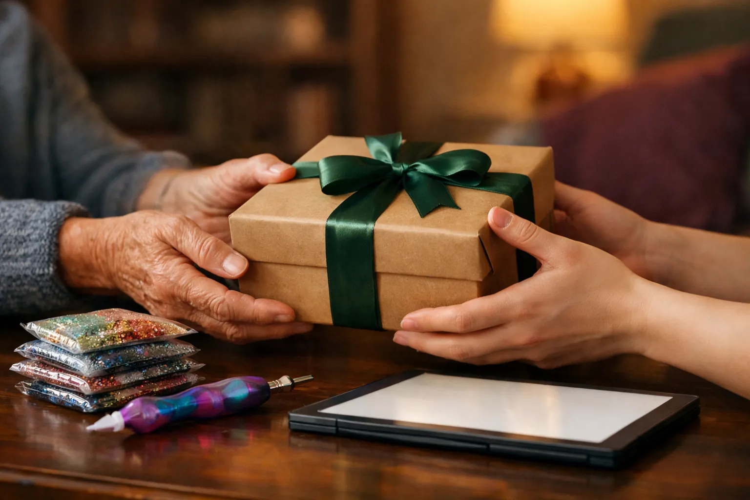 A wrapped craft kit with an ergonomic pen and light pad being handed over