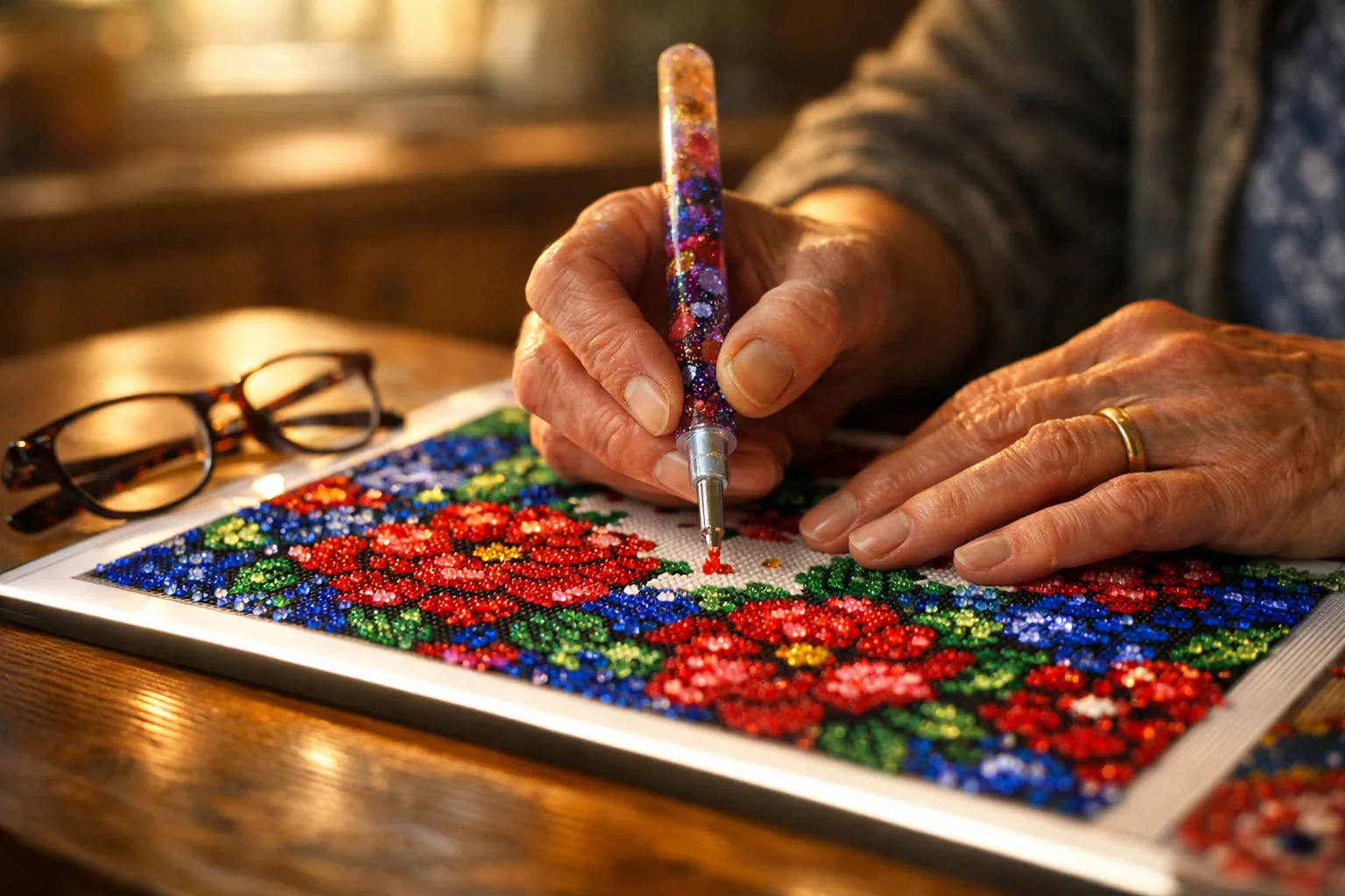 Older hands placing round sparkling drills on a bright floral diamond painting resting on a glowing light pad