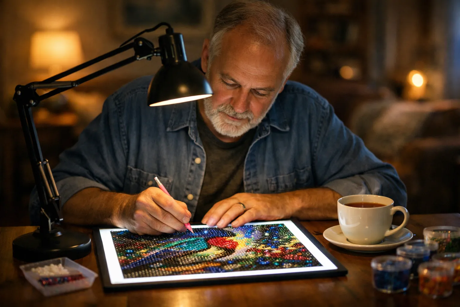 An older man working on a sparkling bird mosaic over a glowing light pad