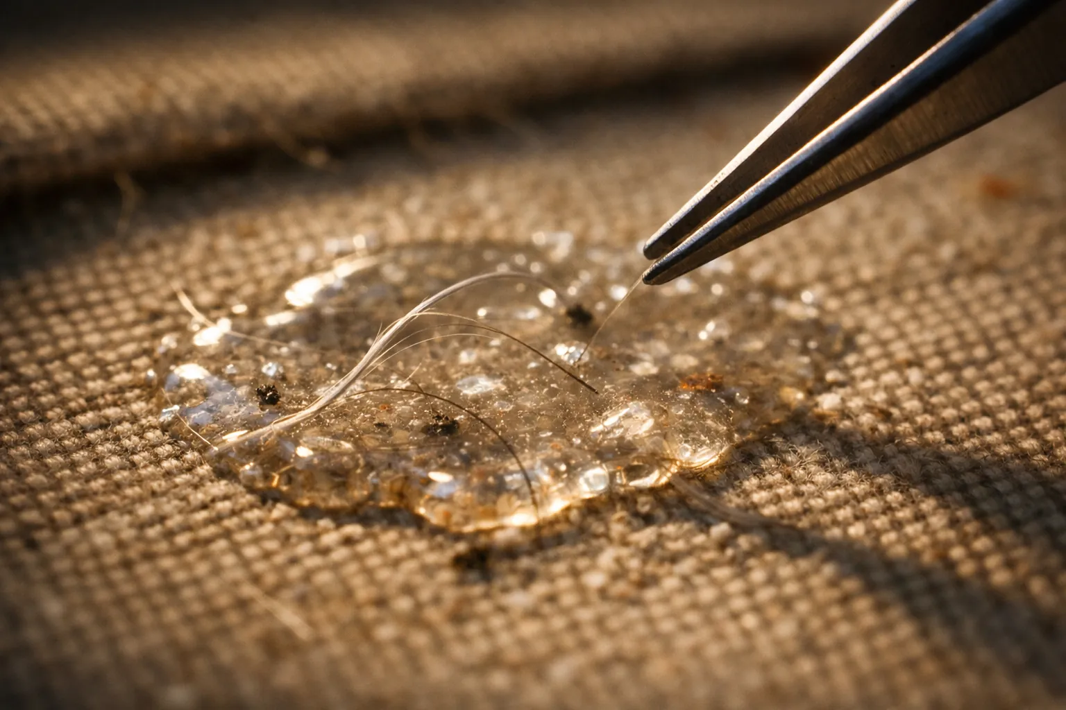 Pet hair and dust caught on the exposed glue of a diamond painting canvas