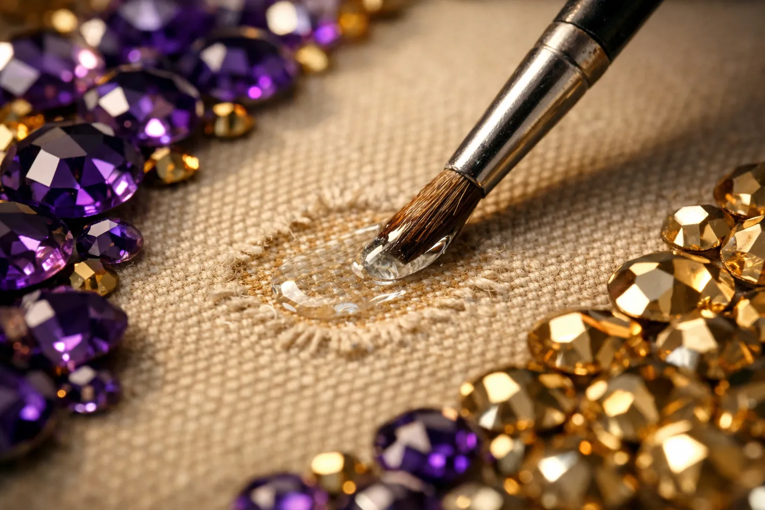 Brushing a thin layer of clear glue on a bare patch of diamond painting canvas