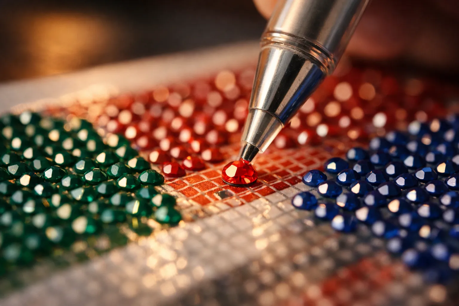 Close-up of a diamond painting pen placing a drill on a canvas with an exposed patch of glue