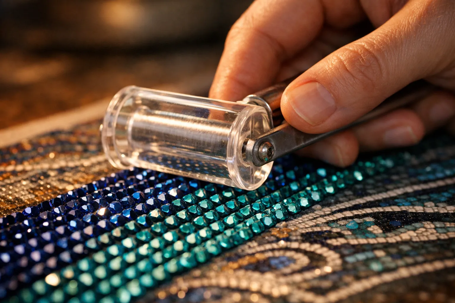 Rolling finished drills flat on a diamond painting