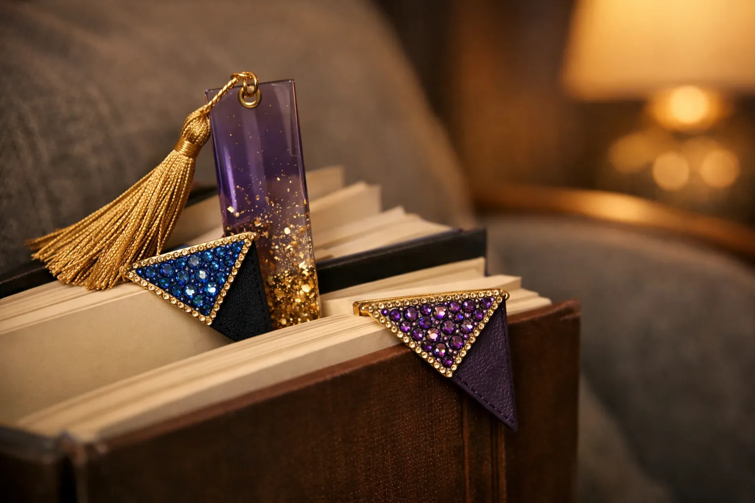 Rhinestone corner bookmarks and a tasseled acrylic bookmark in hardcover books