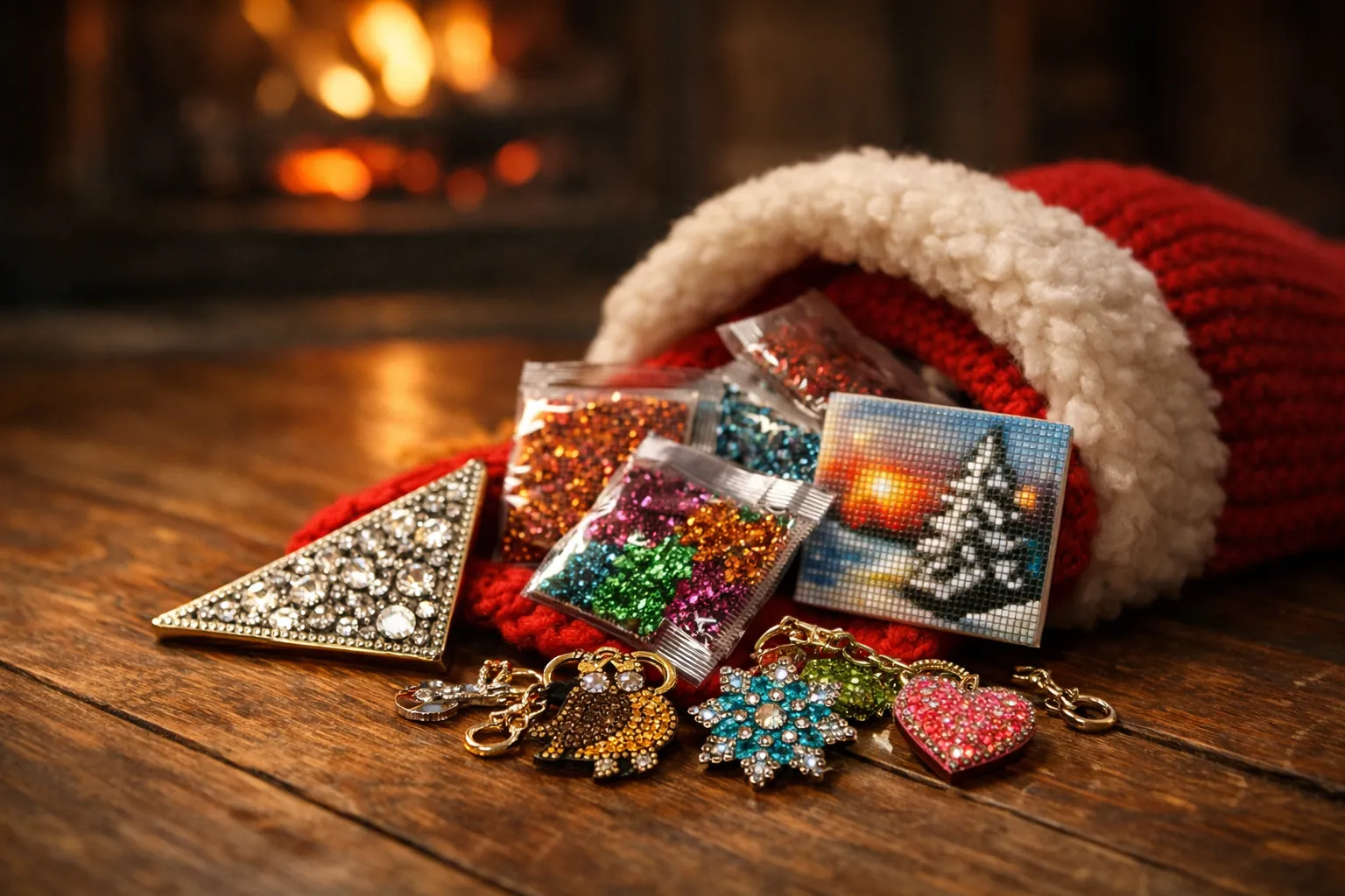 Small diamond art kits, bookmarks and sparkling keychains spilling from a knitted Christmas stocking
