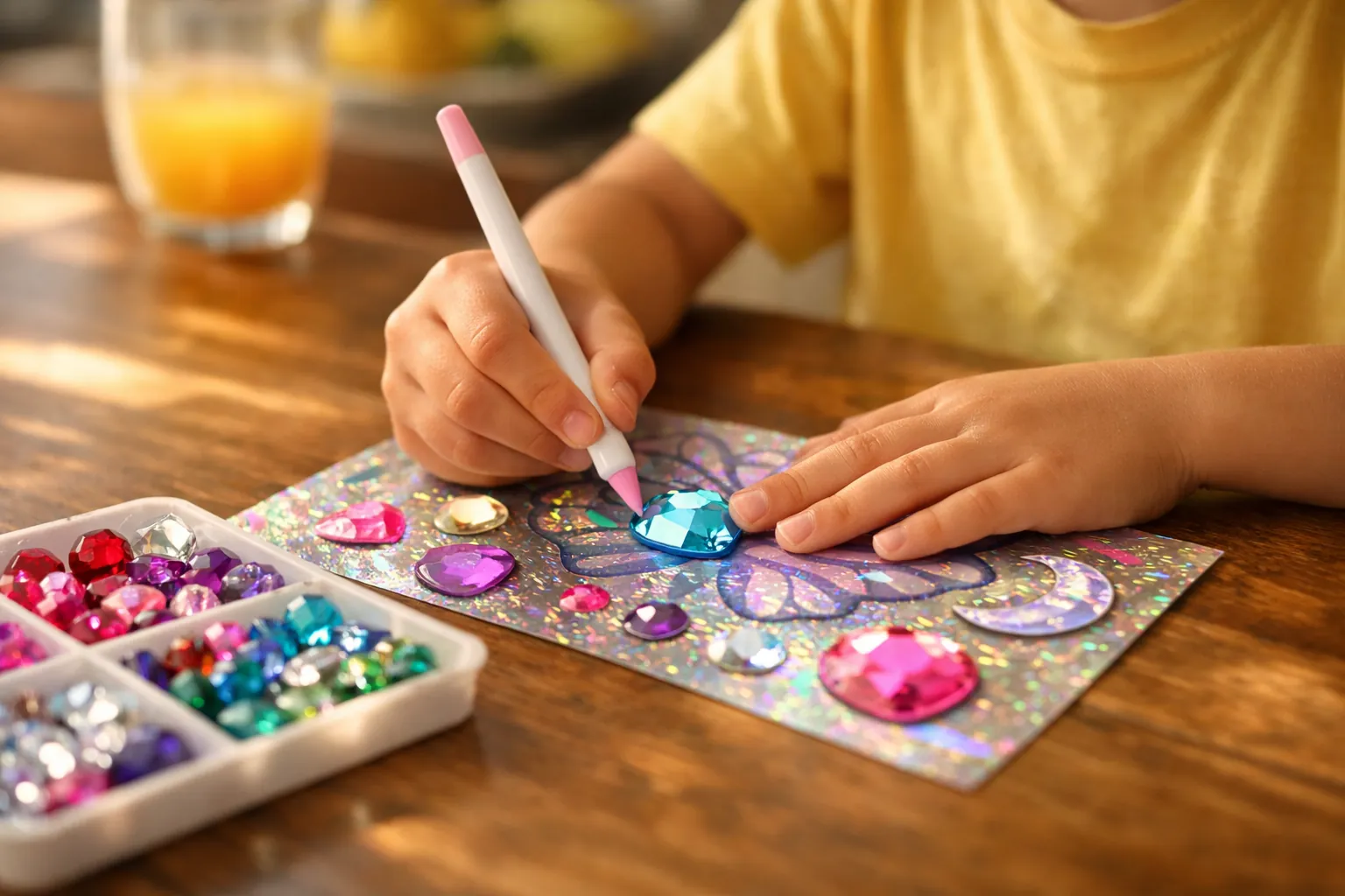 A child pressing large gems onto a holographic sticker with a stylus