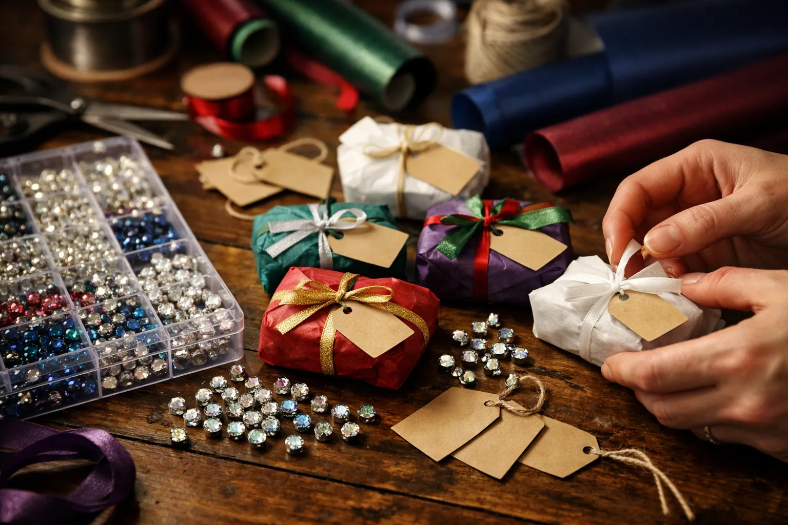 A multi-pack of small rhinestone magnets being divided into ribbon-tied bundles