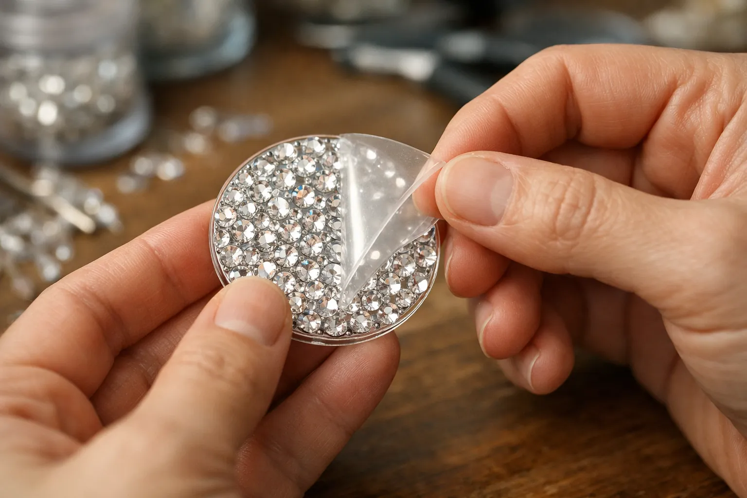 Hands peeling the protective film from the back of an acrylic rhinestone suncatcher