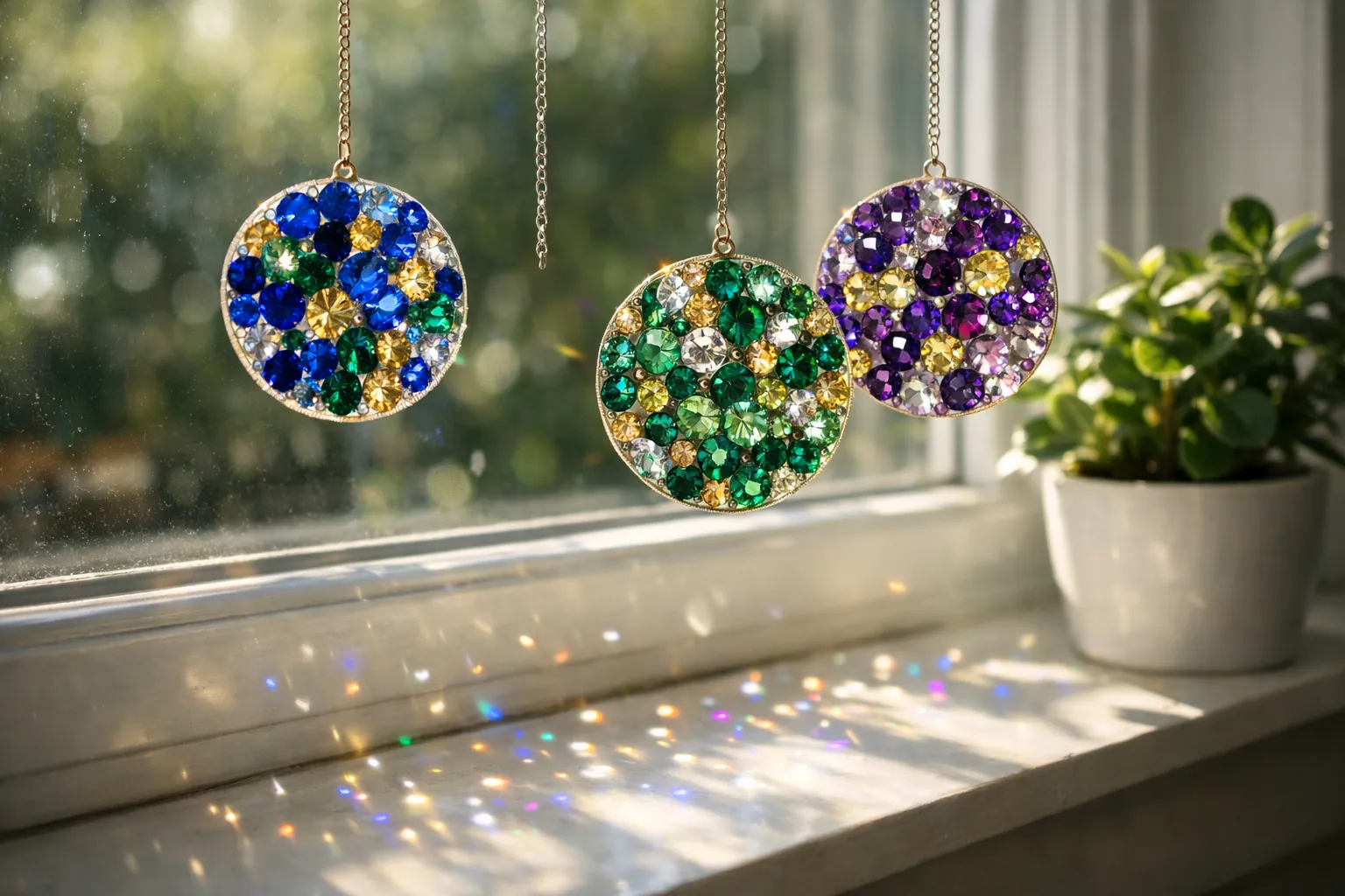 Round acrylic rhinestone suncatchers hanging in a sunny window, casting colored sparkles on the sill