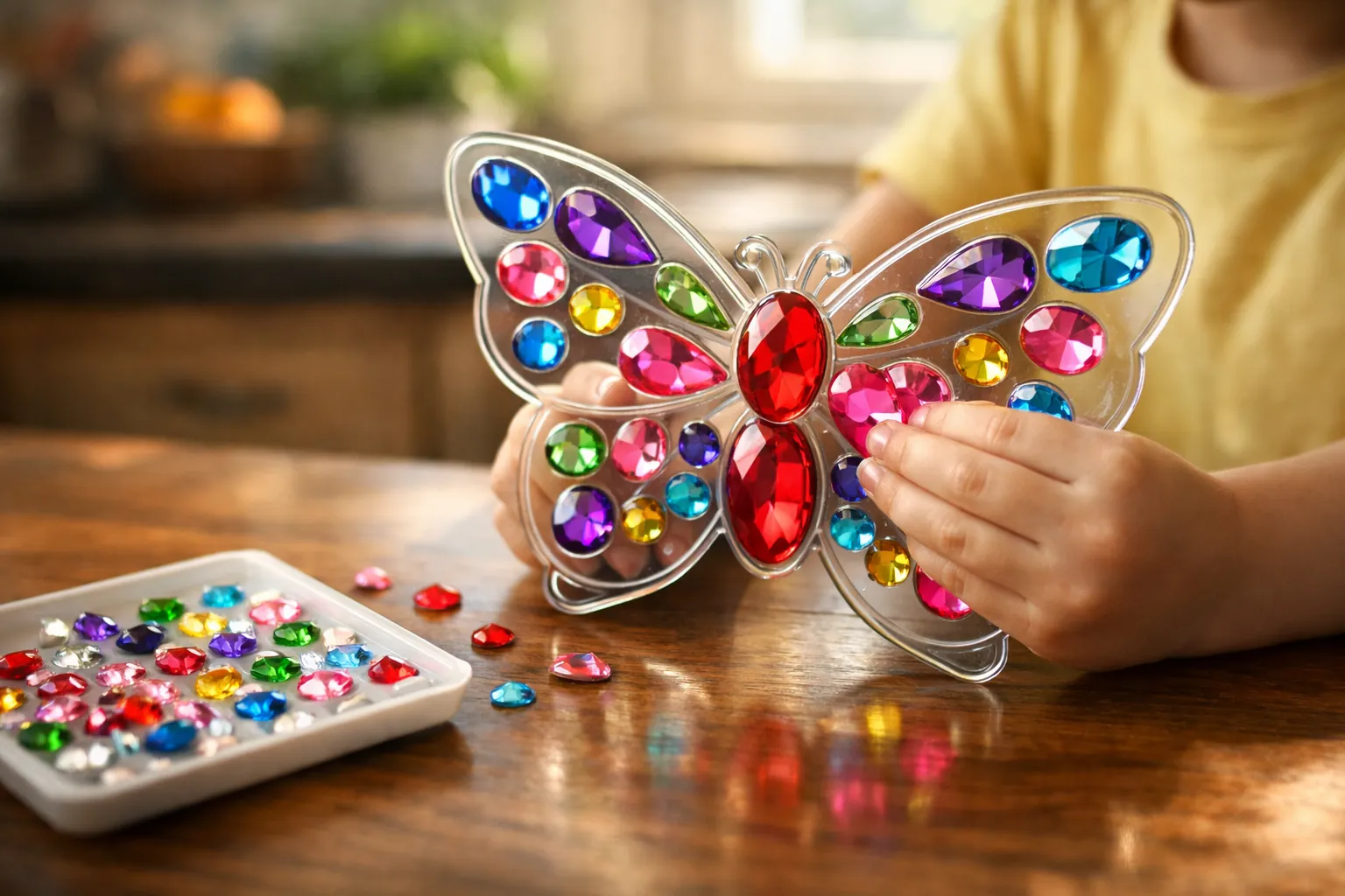 A child pressing gem stickers onto a clear butterfly window panel