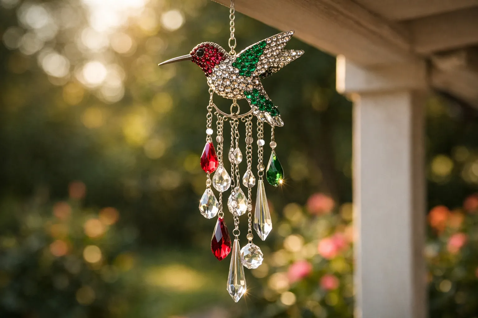 A rhinestone hummingbird wind chime with crystal prisms hanging in late sun