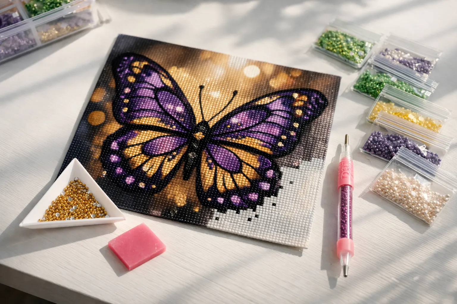 A beginner's diamond painting setup with a canvas, a tray of drills, a pen and wax on a bright table