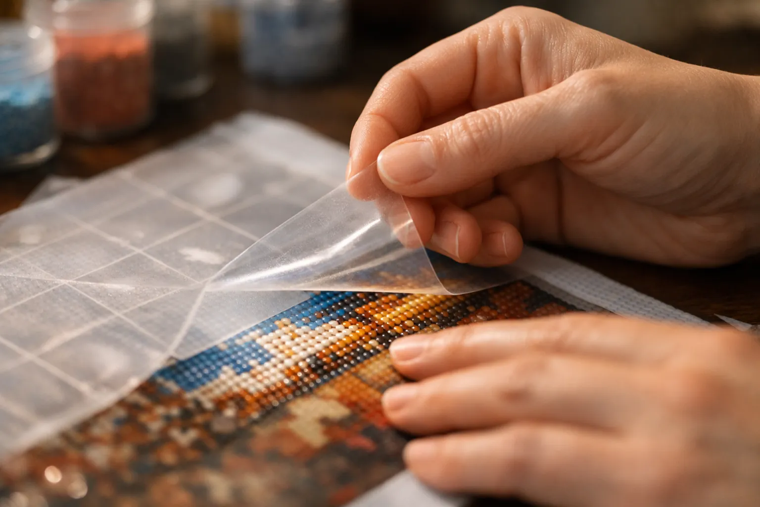 Hands peeling back a strip of protective film from a diamond painting canvas