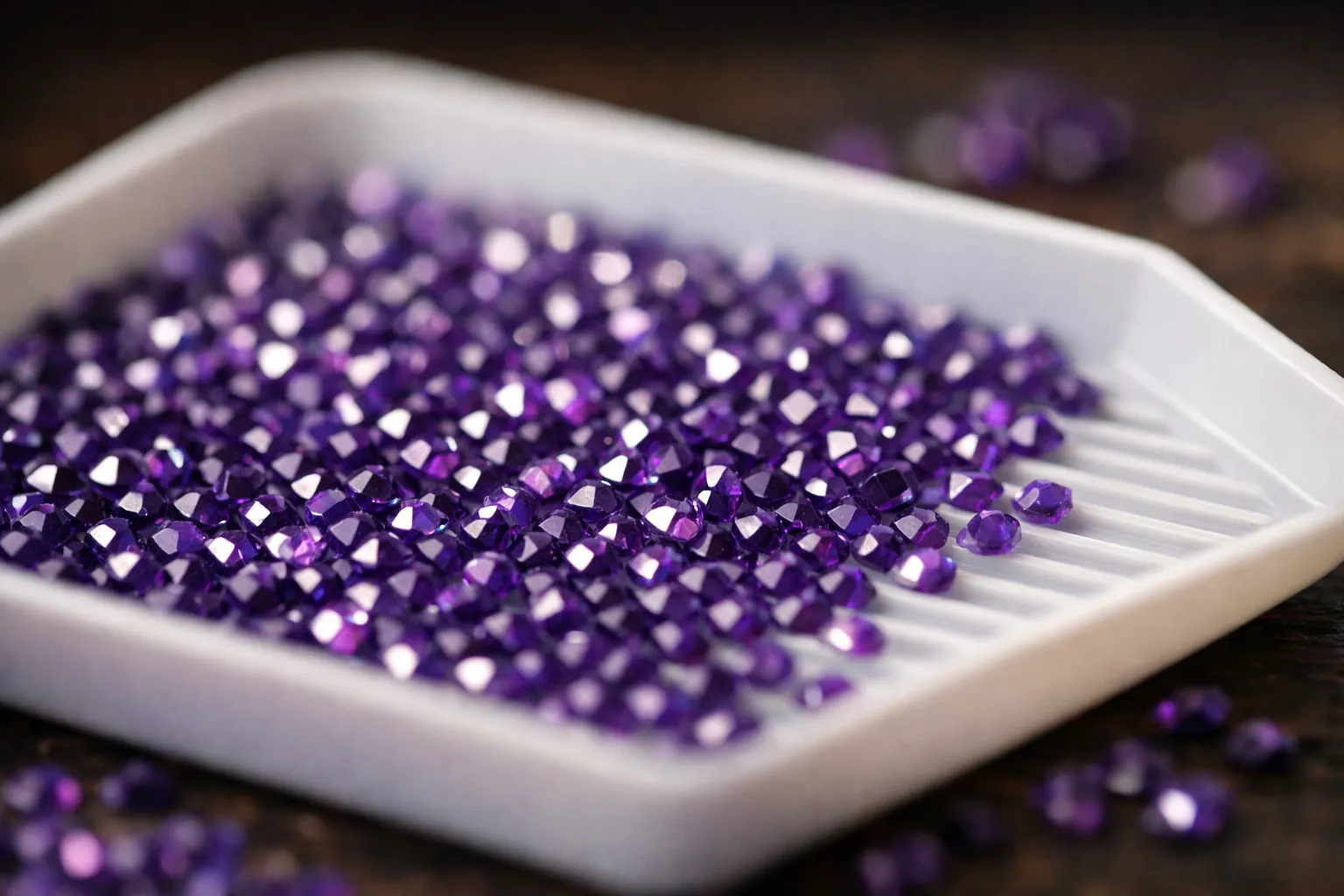 A tray of purple diamond painting drills mostly turned facet-side up