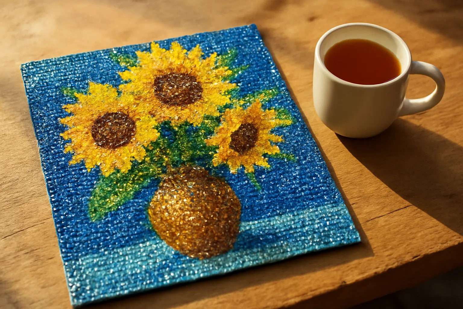 A finished sunflowers-in-a-vase diamond painting on a sunny table beside a cup of tea
