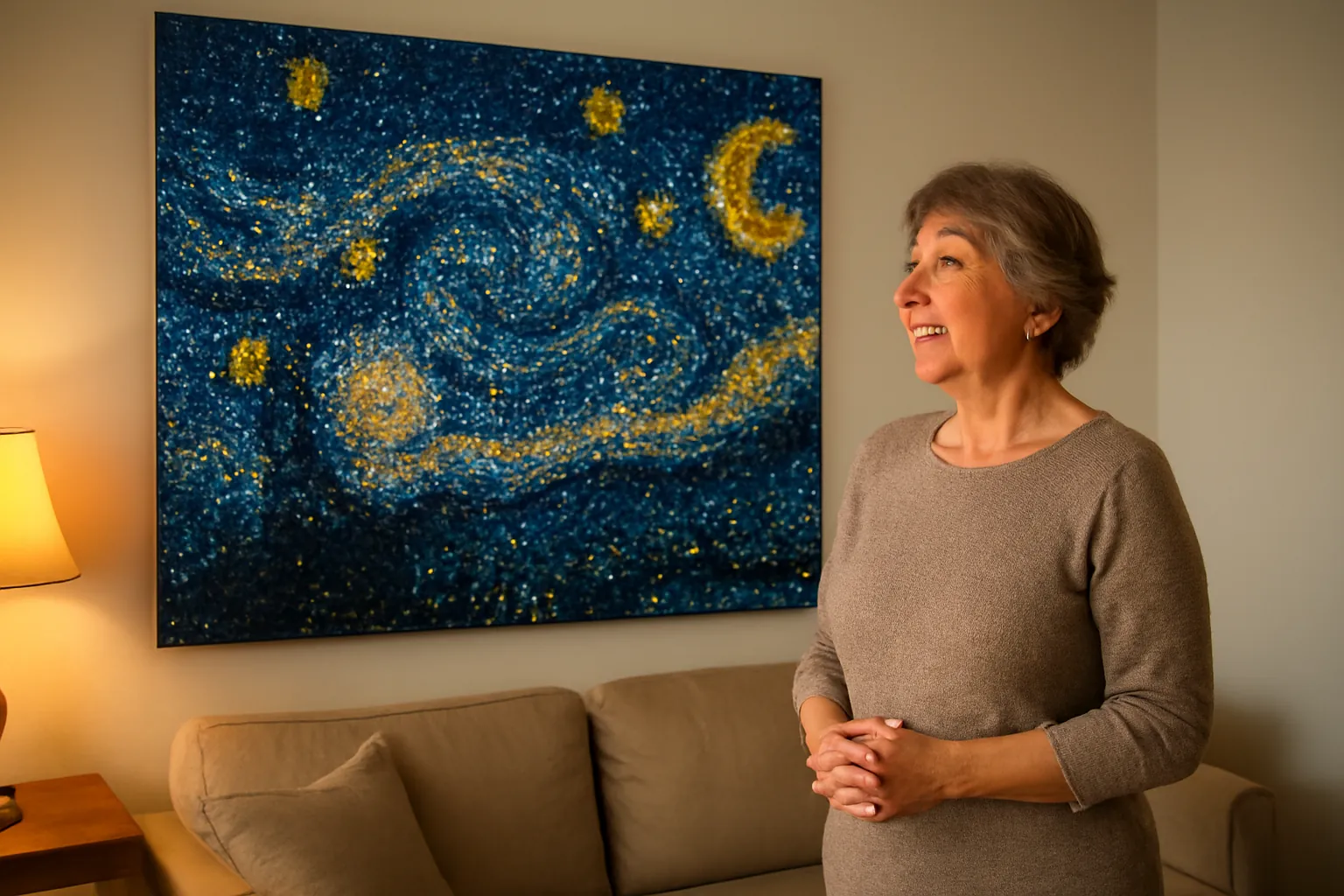 A smiling woman admiring a large swirling night-sky diamond painting above her sofa, evening lamp light catching the blue and gold drills