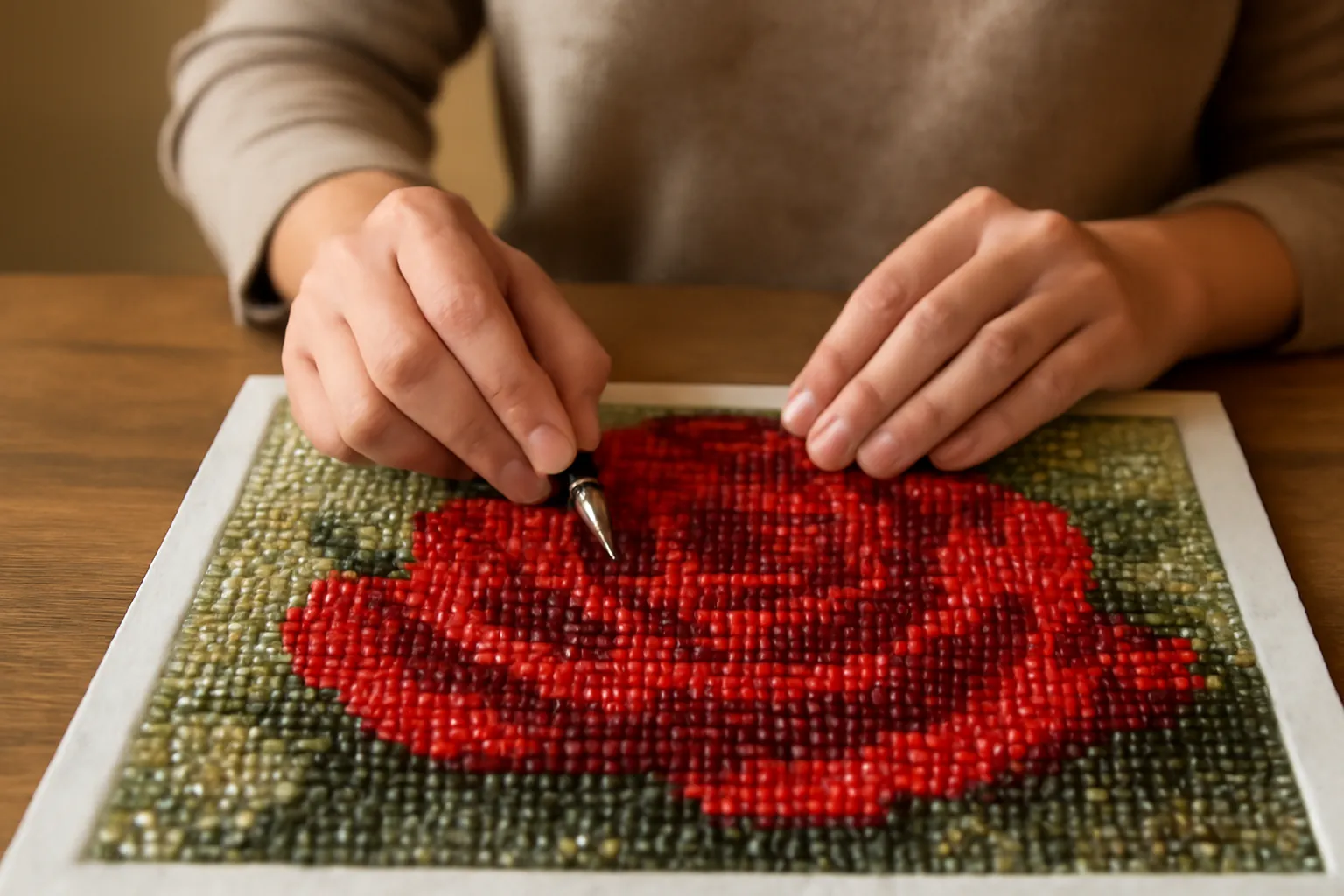 Hands pressing the last drills into a red rose diamond painting