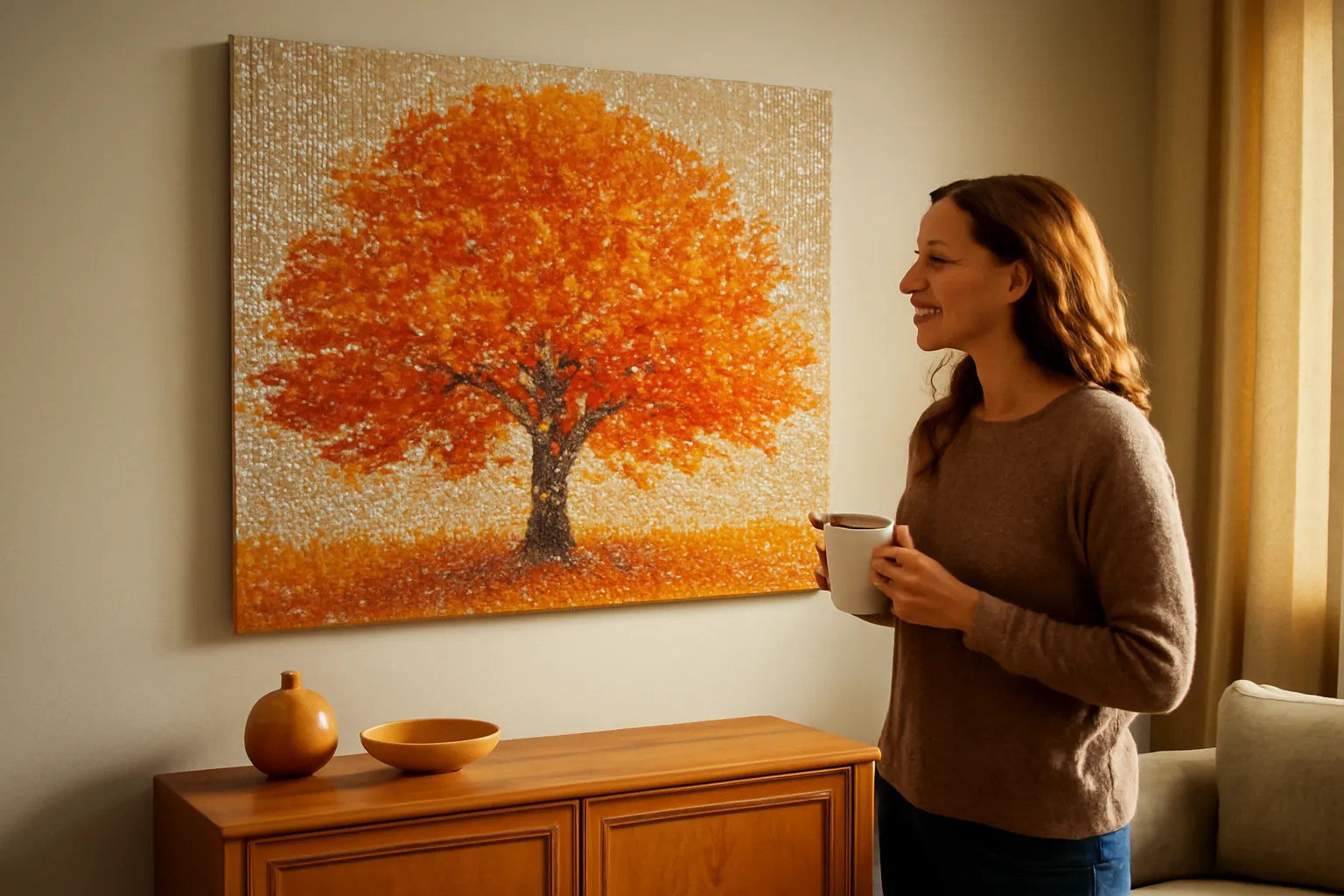 A woman with a coffee mug admiring a finished sparkling diamond painting of an orange autumn tree on her living room wall