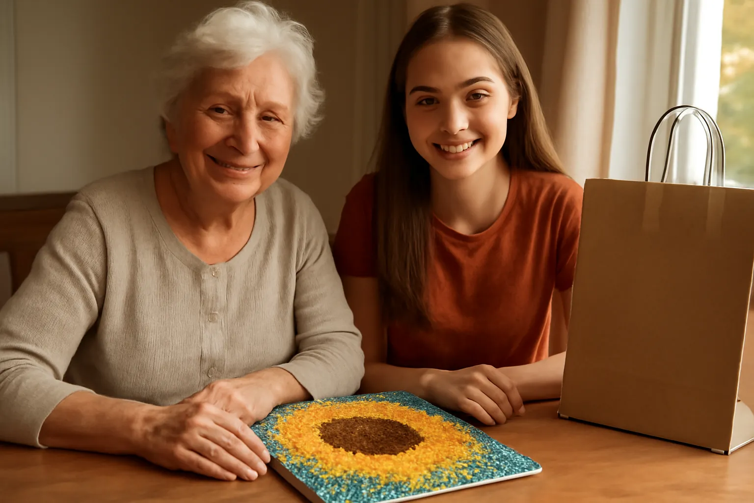 A grandmother and teenage granddaughter at a dining table with a sparkling sunflower diamond painting and a paper shopping bag