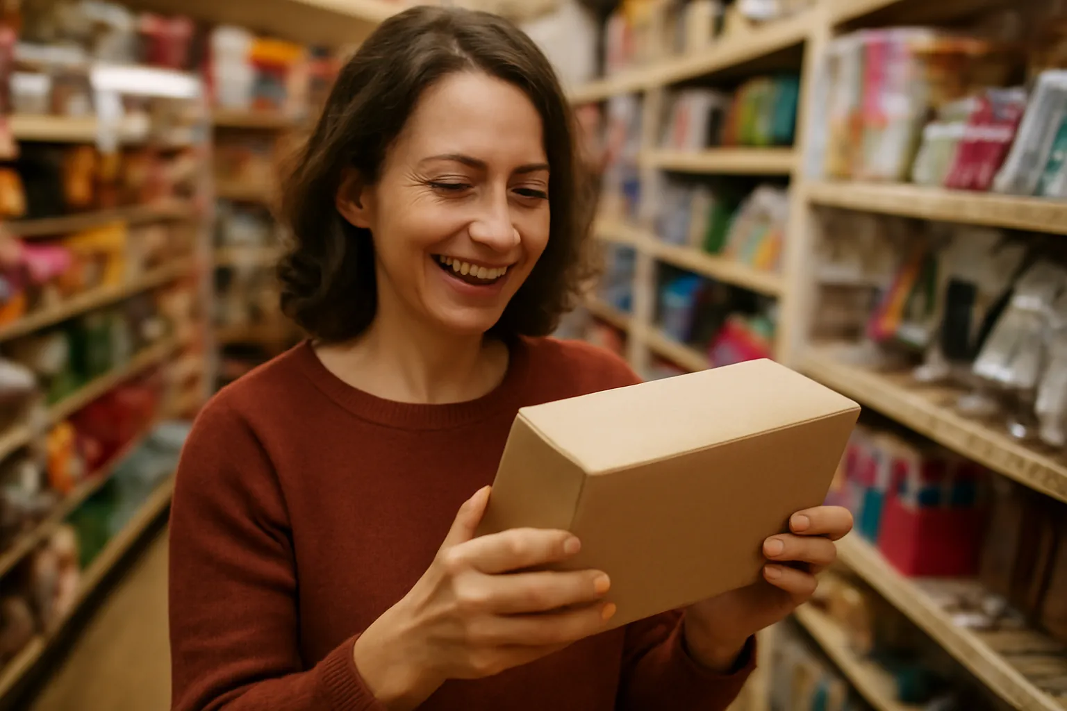 A woman in a bright craft store aisle smiling at a plain boxed craft kit in her hands, shelves of colorful supplies soft behind her