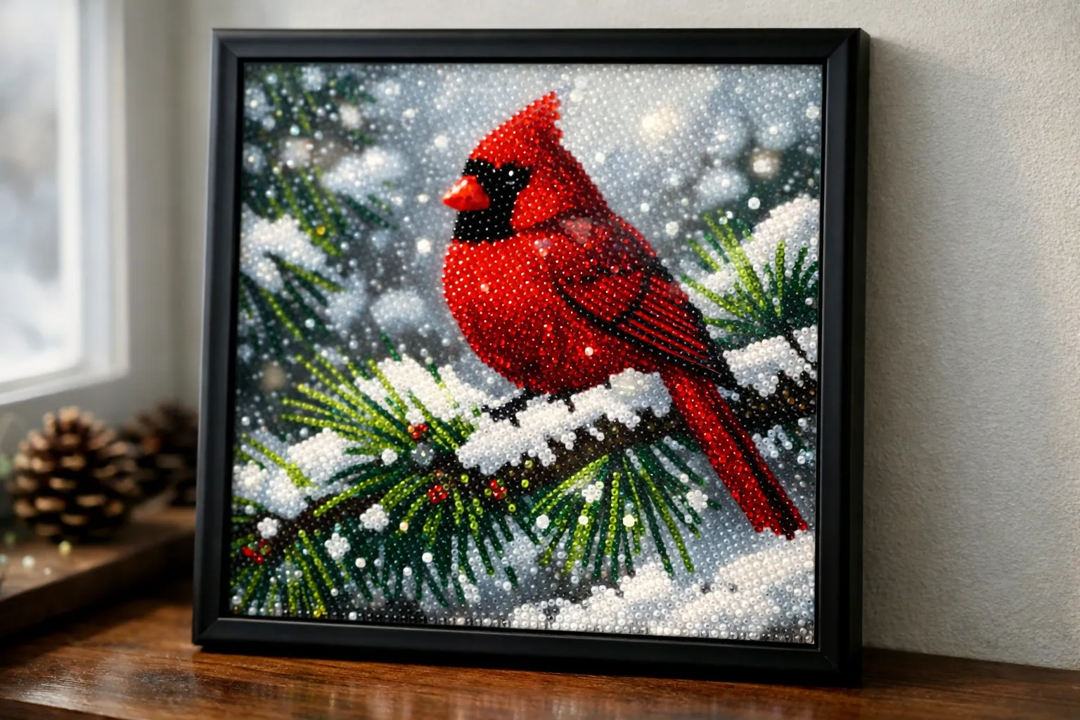 A finished rhinestone cardinal on a snowy pine branch