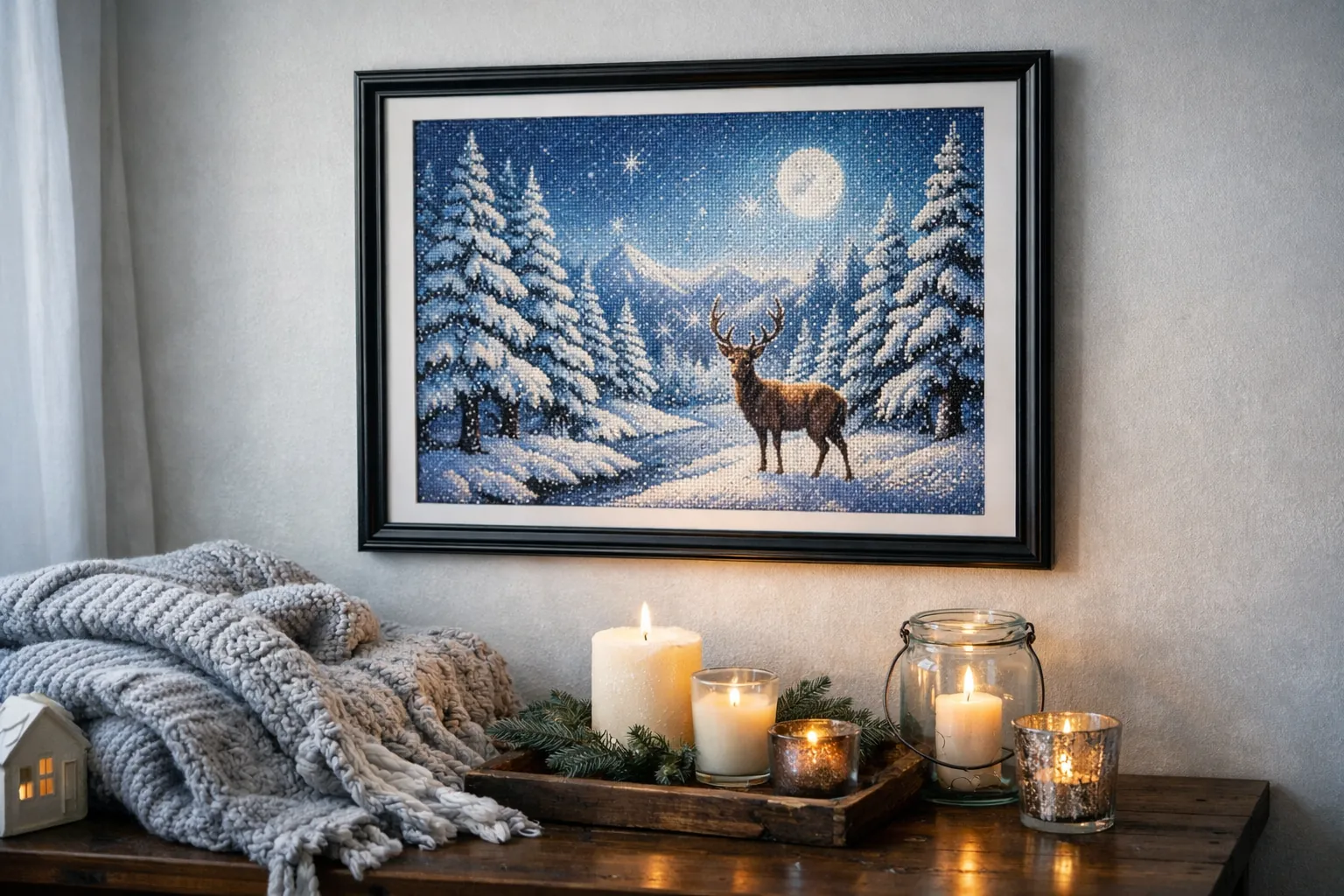 A framed winter landscape diamond painting on a living room wall in January