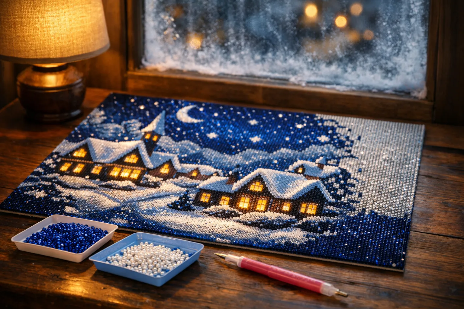 A sparkling snowy village diamond painting in progress beside a window with frost
