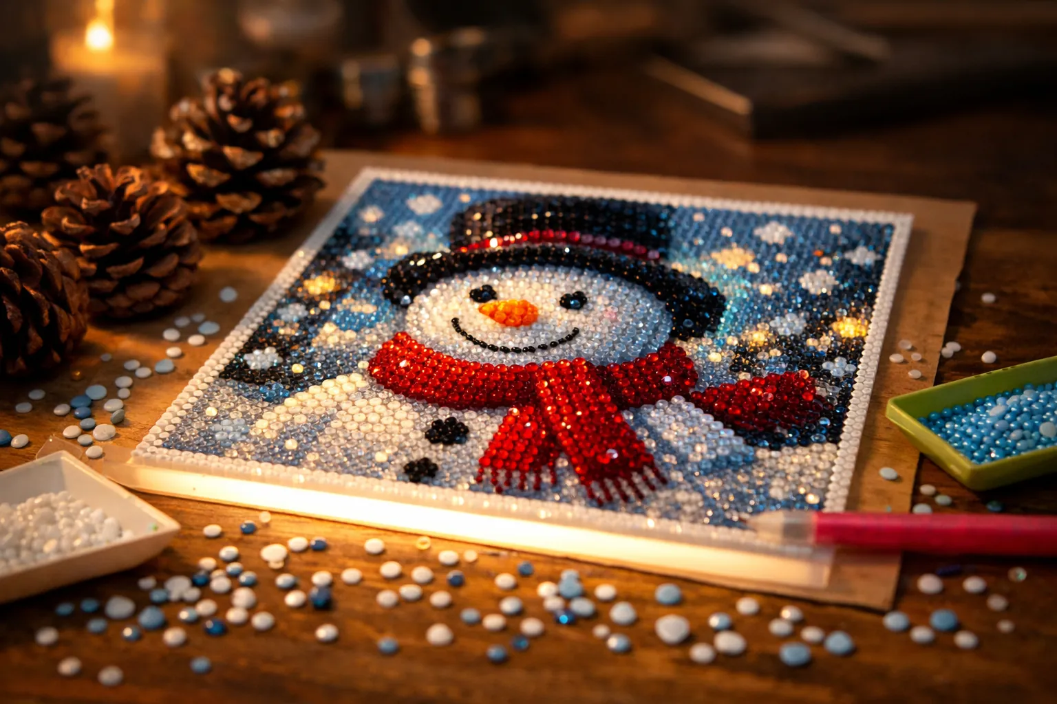 A rhinestone snowman with a red scarf on a craft table over a glowing light pad