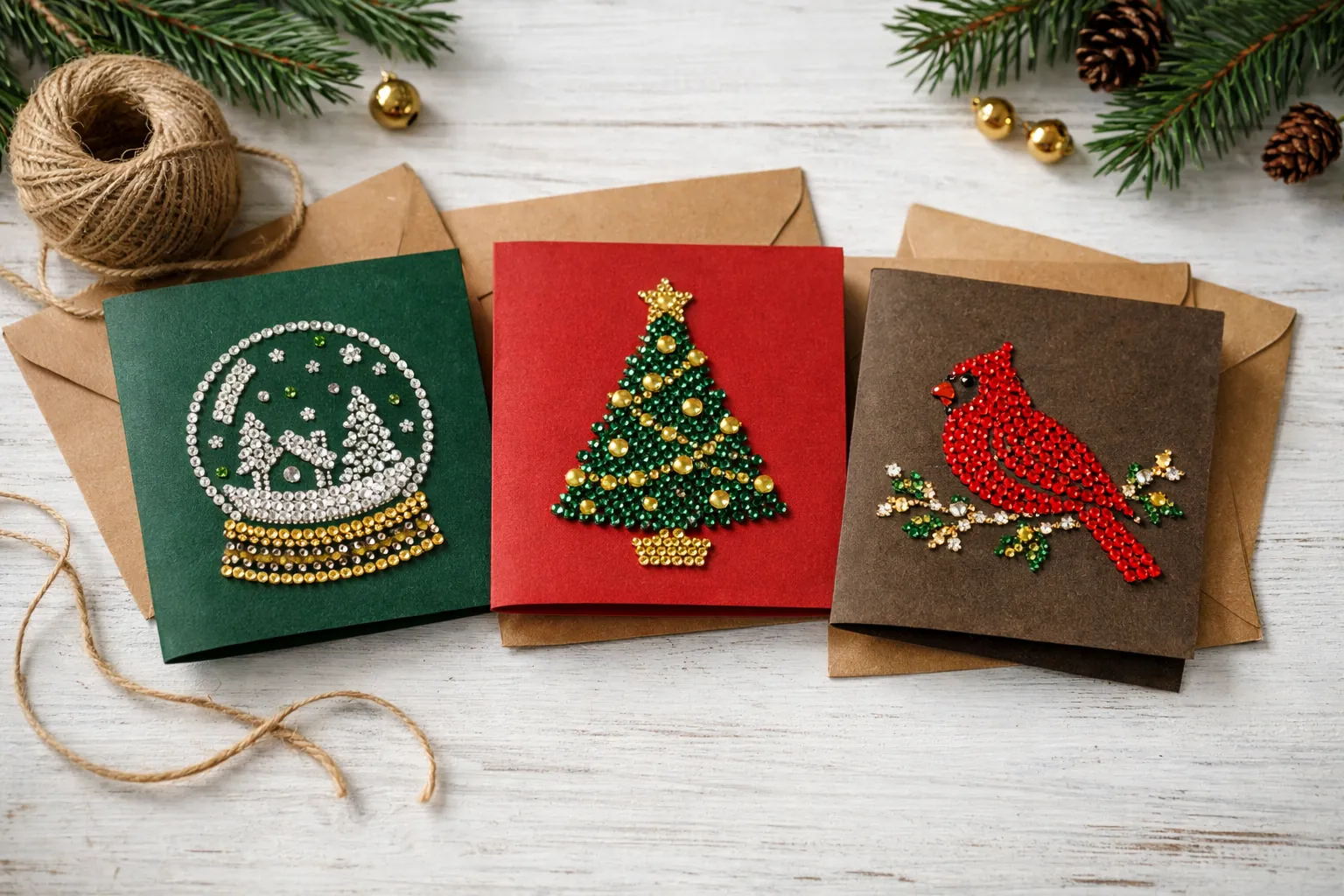Handmade rhinestone Christmas cards with envelopes and pine sprigs on a white table