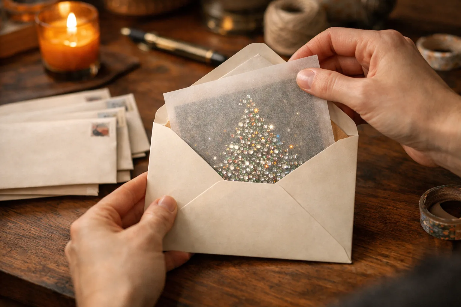 A finished rhinestone card going into a square envelope with parchment over its front