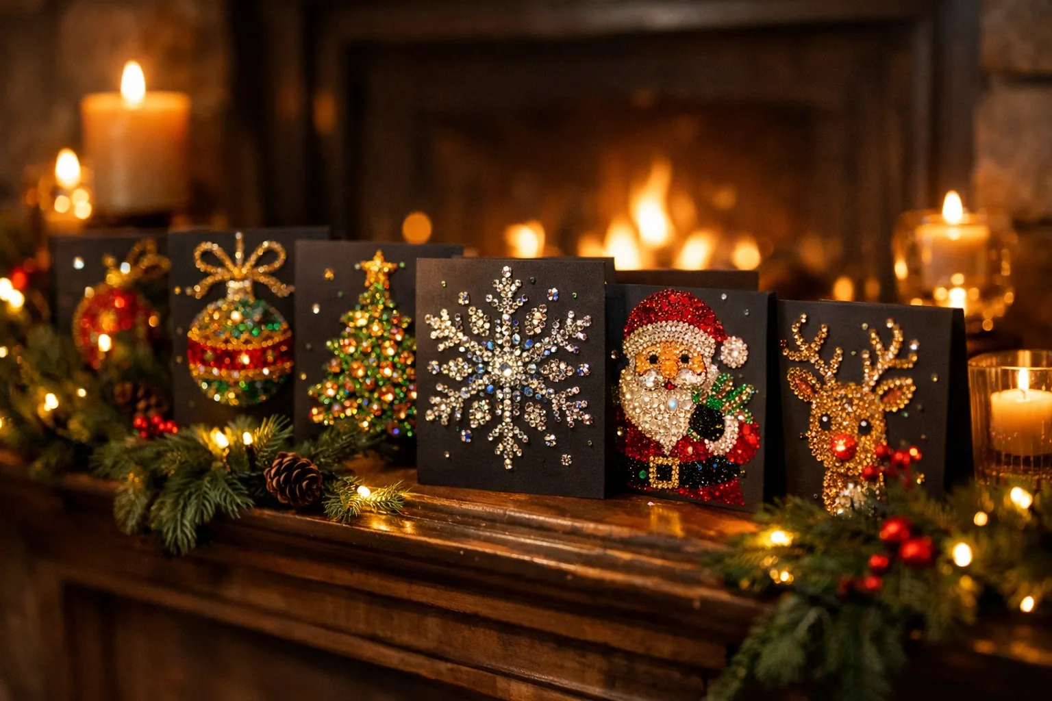 Rhinestone Christmas cards standing on a mantel with garland and candles
