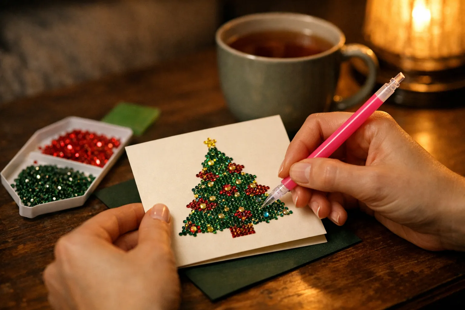Hands placing drills on the front of a folded square greeting card