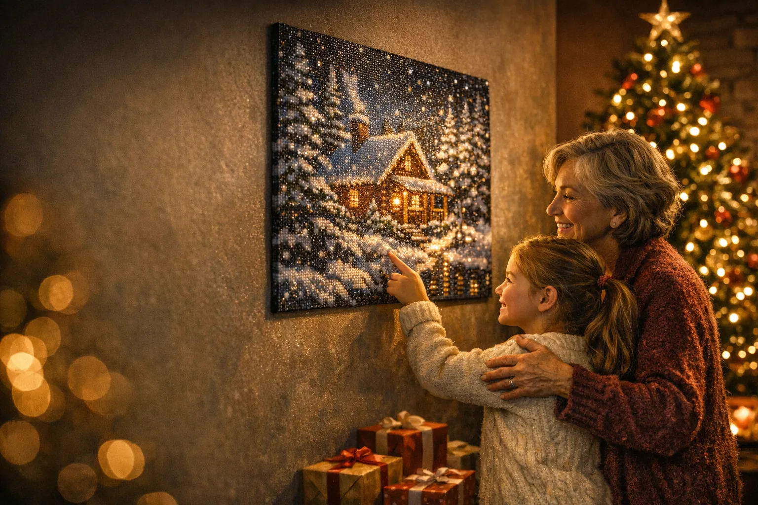 A grandmother hugs her granddaughter as the girl points at a finished, sparkling diamond painting of a snowy cabin, a lit Christmas tree behind them