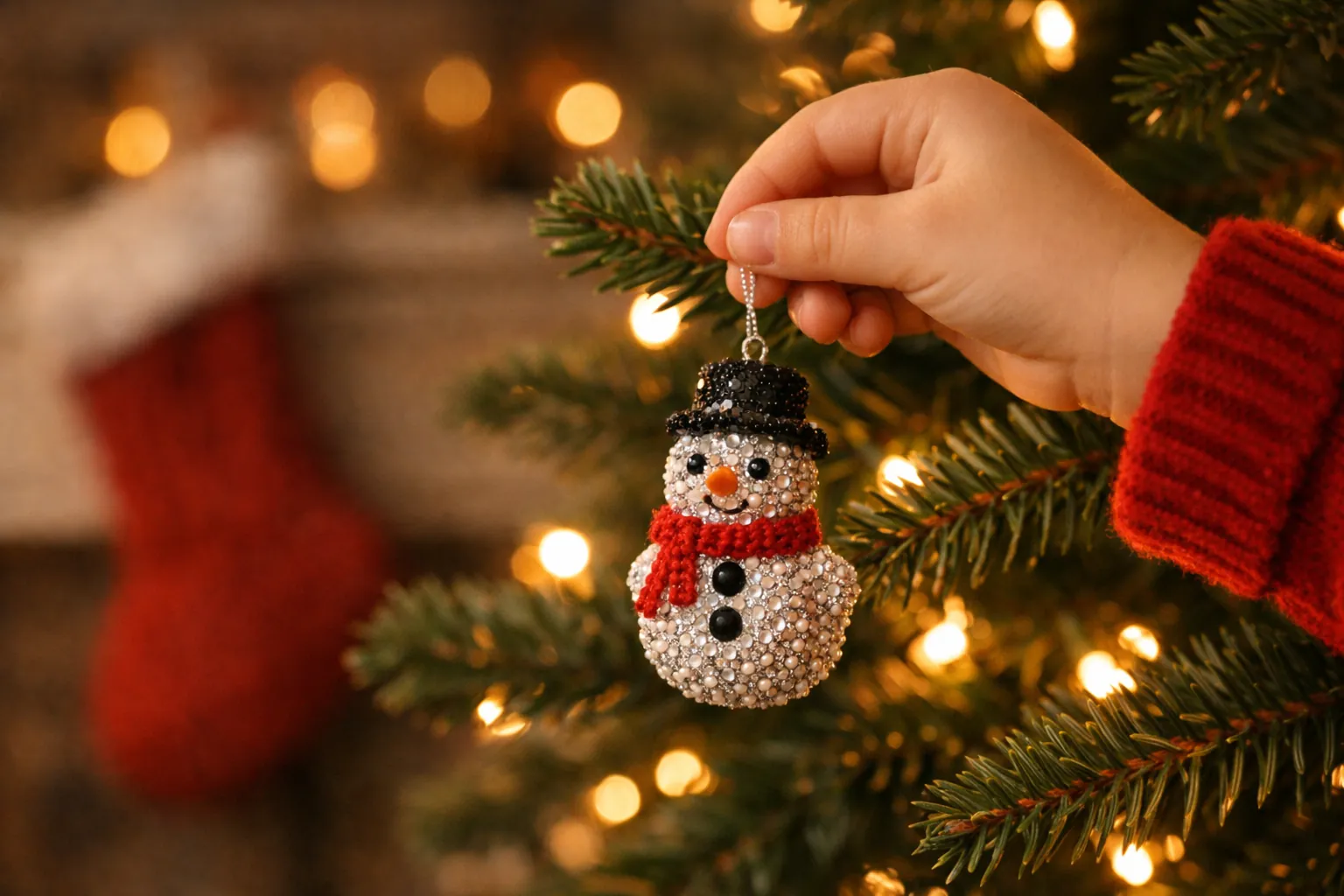 A child's hand hangs a small sparkling gem snowman ornament on a lit Christmas tree
