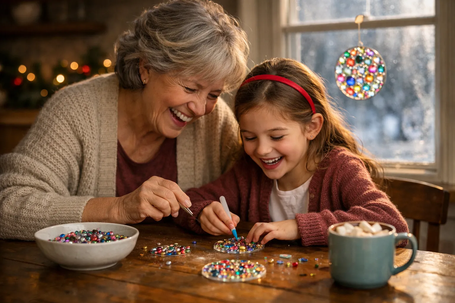 A grandmother and granddaughter laugh while pressing colorful gems onto suncatchers at a kitchen table, a finished suncatcher in the window