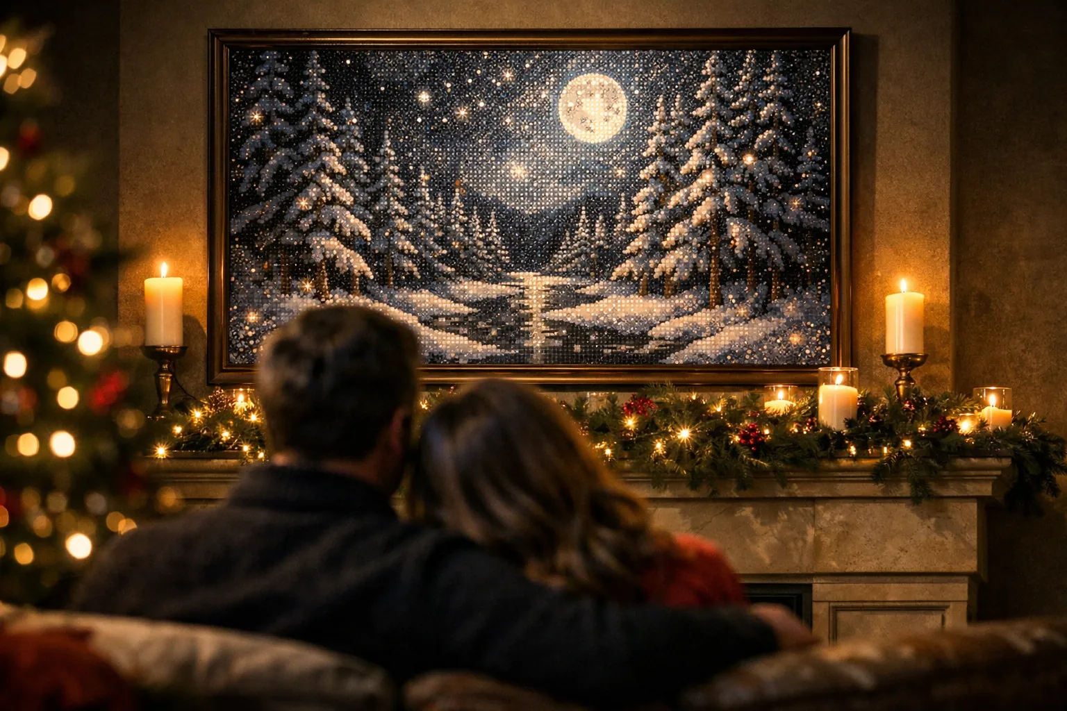 A couple on a sofa admires a large framed gem mosaic of a moonlit winter forest above a decorated fireplace
