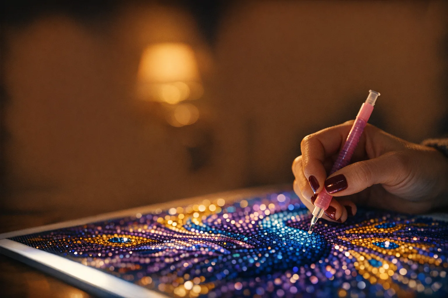 A hand placing sparkling drills on a glowing peacock diamond painting with a pen